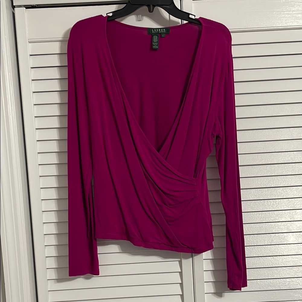 Ralph Lauren Pink Long Sleeve Wrap Blouse Shirt size L V Neck style